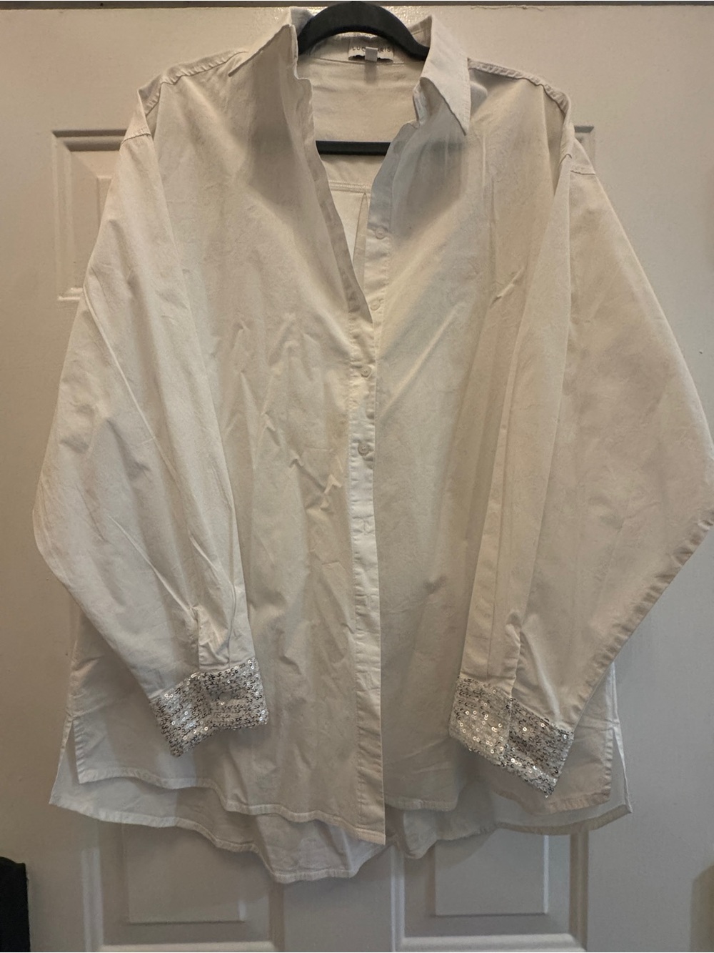 Lucy Paris Oversized White Button-Up Blouse with Sequin Cuffs